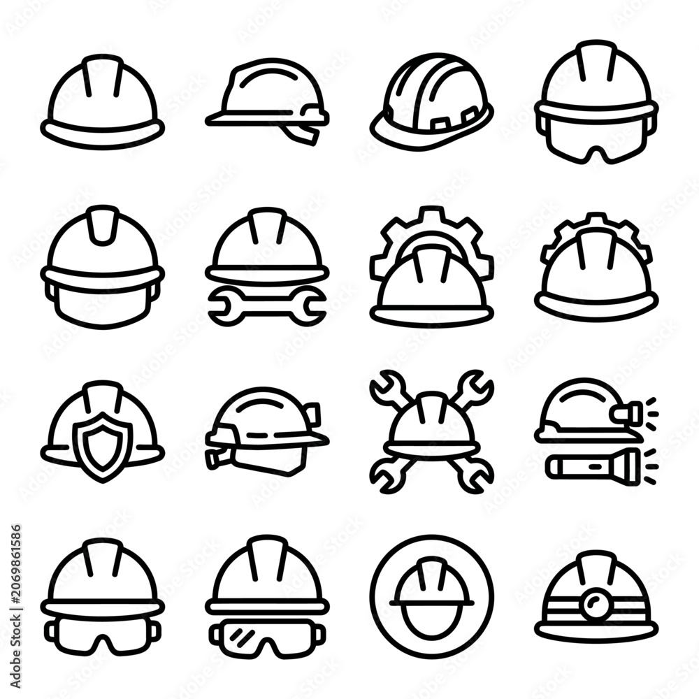 Fototapeta premium Professional Construction Safety Helmet Icon Set Featuring Industrial Hard Hat Designs for Engineering, Building, and Workplace Protection