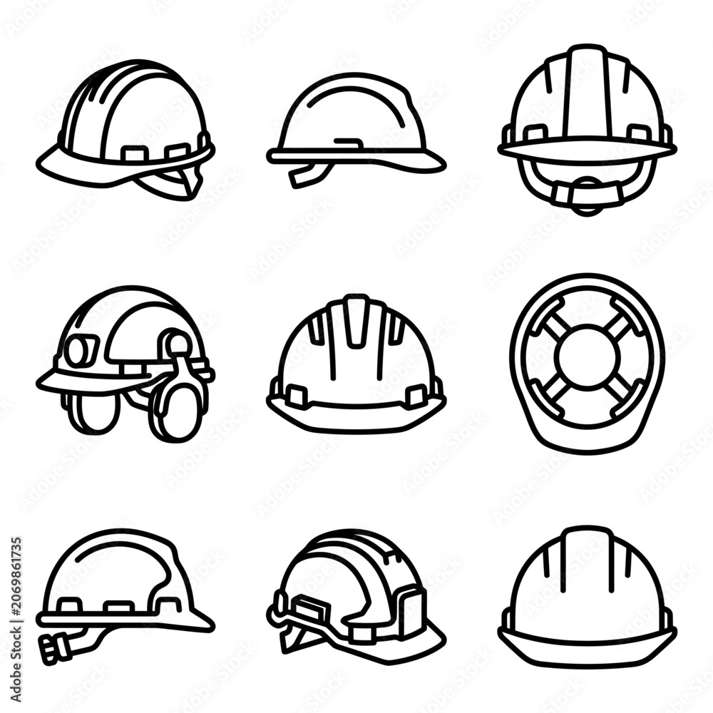 Fototapeta premium Vector set of hard hat and safety helmet icons for construction projects, featuring minimalist line art designs of industrial protective gear.