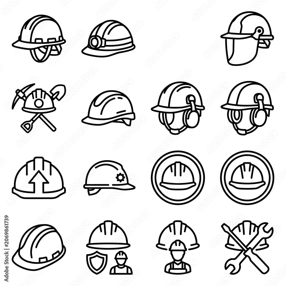 Fototapeta premium Comprehensive Icon Set of Hard Hat and Safety Helmet Designs for Construction and Industrial Protective Equipment