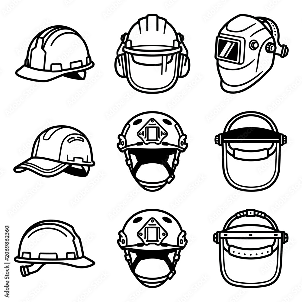 Fototapeta premium Set of safety helmet and industrial headgear icons for protective equipment used in construction, welding, and tactical work with line art style.