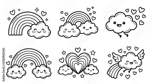 Foto Cute rainbows and smiling clouds with hearts line art set
