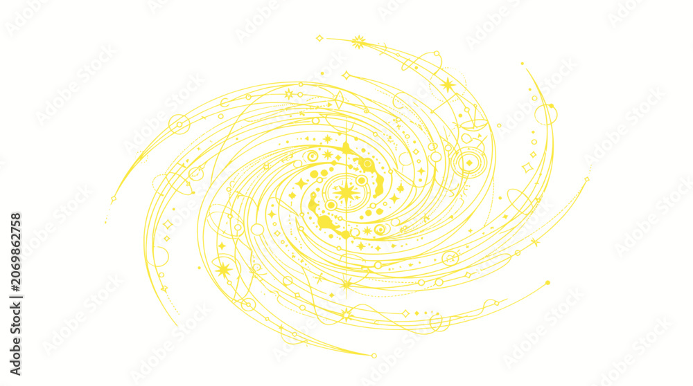 Fototapeta premium Golden cosmic spiral with celestial stars and planetary orbits