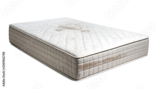 A soiled, rectangular, off-white mattress, showcasing a quilted top with stains, resting on a white background with soft shadows