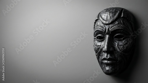 Intricately carved dark wooden mask against a gray background