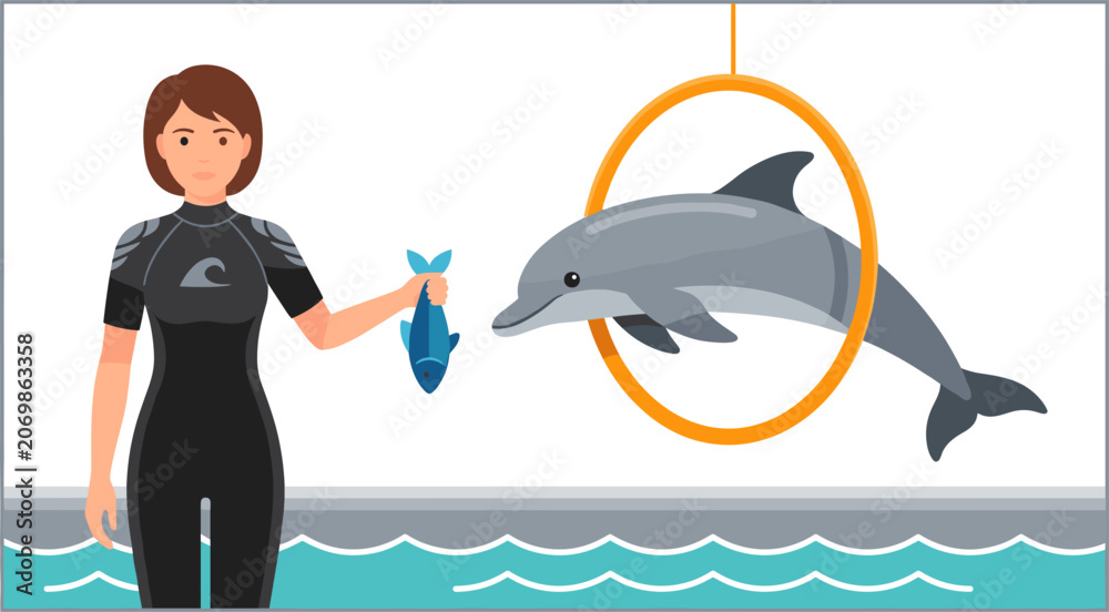 Fototapeta premium Dolphin Trainer Holding Fish in Marine Aquarium Show Vector Illustration