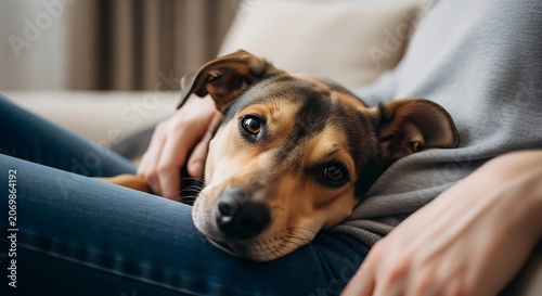 Dog resting on lap.