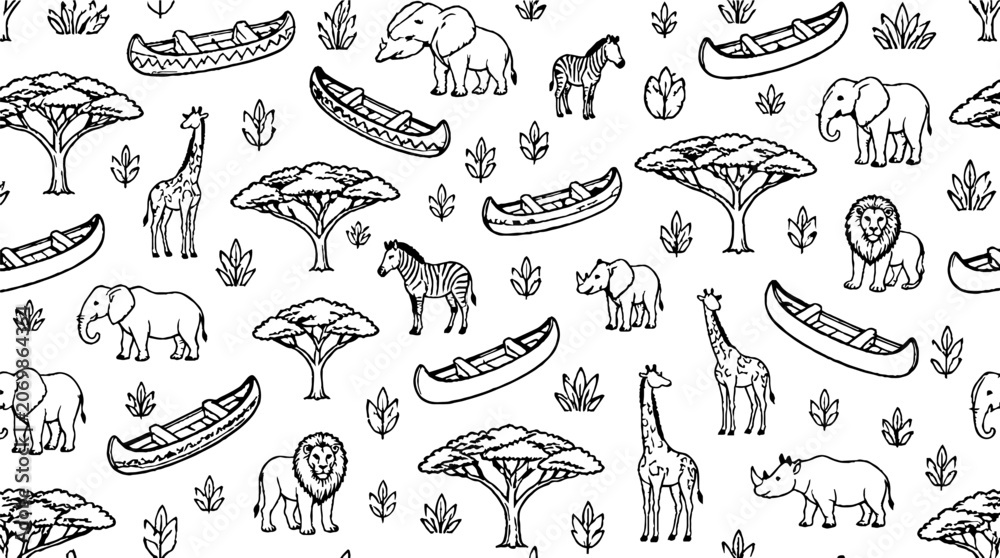 Fototapeta premium African wildlife and canoe pattern illustration.