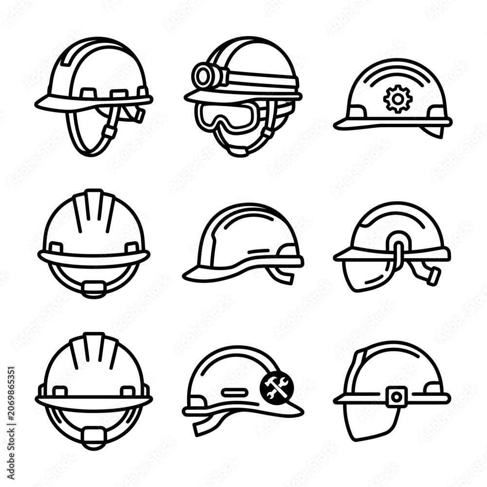 Fototapeta premium Professional Safety Helmet and Hard Hat Construction Icon Set for Industrial Workers Site Safety and Engineer Protection Equipment