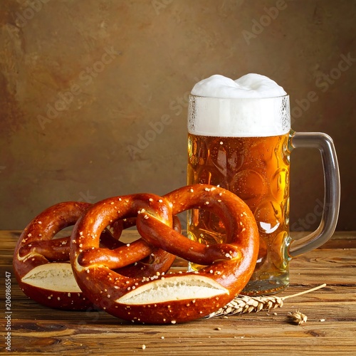 A still life of a hearty pretzel alongside a foamy beer in a glass mug, with a warm, textured backdrop
