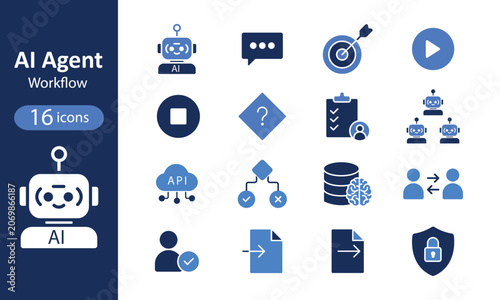 AI Agent Workflow Icon set. Autonomous AI Agents, ML Nodes & Neural Bot Symbols for SaaS UI/UX. Solid icon collection.