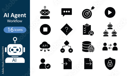 AI Agent Workflow Icon set. Autonomous AI Agents, ML Nodes & Neural Bot Symbols for SaaS UI/UX. Solid icon collection.