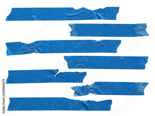 Torn Blue Painter Tape Strips Isolated on White Background for Repair PNG Mockup
