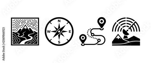 Set of Linear Icons Featuring Mountain Landscapes Navigation Compasses Travel Routes and Satellite Communication Technology Elements