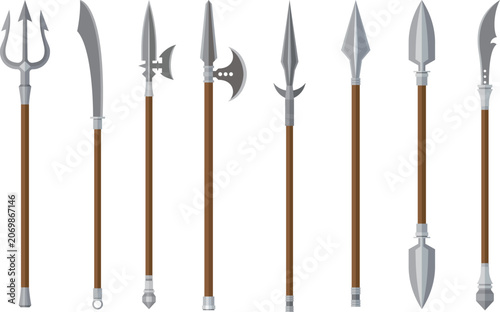 Various antique combat elements representing medieval armory and knight battle equipment.Set of medieval spears and polearms isolated on a white background vector illustration.