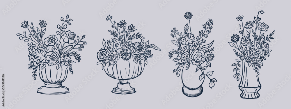 Fototapeta premium A collection of hand drawn line art style flowers and urns.
