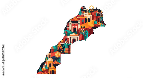 Tableau sur toile Morocco Map Silhouette Filled With Colorful Moroccan Architecture and Landmarks