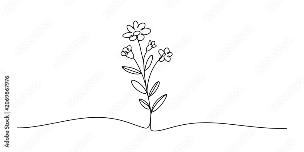 Fototapeta premium Continuous single line drawing of a small flower plant