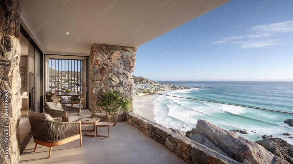 Fototapeta premium Luxurious elevated balcony provides stunning ocean views beside rugged stone architecture