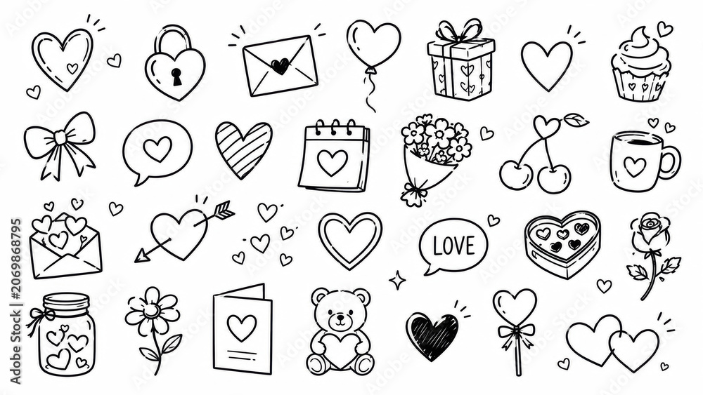 Fototapeta premium Set of hand drawn heart doodle icons and sketch elements for creative design