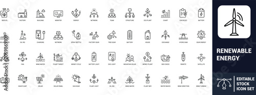 Photos Renewable energy line art icons set biofuel, factory, energy, battery, solar wat