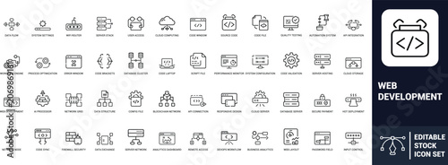 Web development line art icons set code window, source code, server stack, cloud computing, database cluster, api integration Web icon, App icon, Outline icon, Editable stroke, line art, Vector EPS