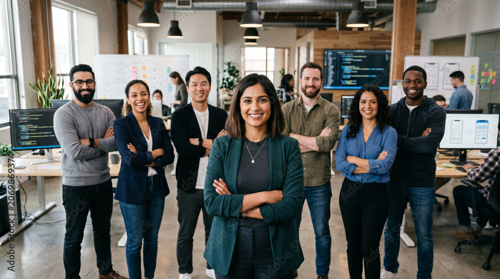 Fototapeta premium Diverse mobile app development team standing in modern startup office, led by female app developer, with programmers, designers, and product managers in technology workspace.