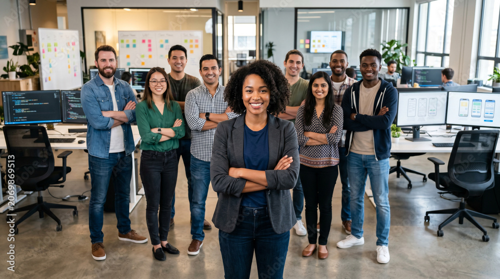 Fototapeta premium Diverse mobile app development team standing in modern startup office, led by female app developer, with programmers, designers, and product managers in technology workspace.