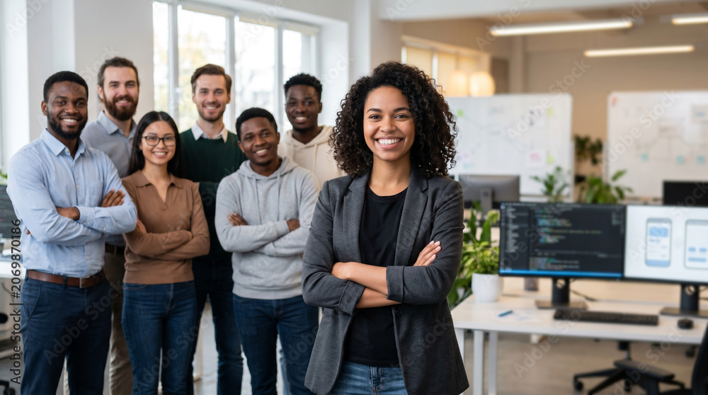 Obraz premium Diverse mobile app development team standing in modern startup office, led by female app developer, with programmers, designers, and product managers in technology workspace.