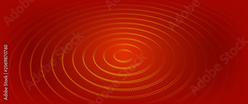 Neon red concentric circle background. Dotted expanding epicenter waves. Radial sound signal or vibration backdrop. Dashed target, radar or sonar effect concept. Vector ripple hot gradient wallpaper
