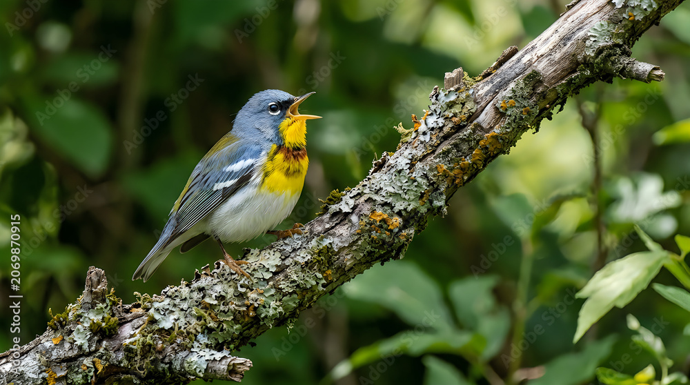 Obraz premium Cute bird perched on a mossy branch in the forest yellow and gray bird singing