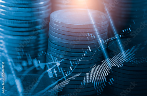 Business man on digital stock market financial indicator background. Digital business and stock market financial indicator on LED. Double exposure of business man and digital stock market financial.