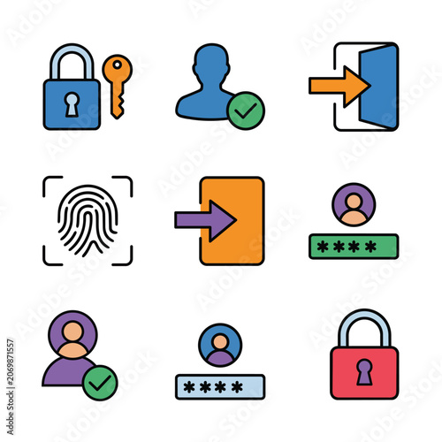 Set of Security and Authentication Line Color Icons – Login, Password, Biometric Fingerprint, and Padlock Vector Illustration