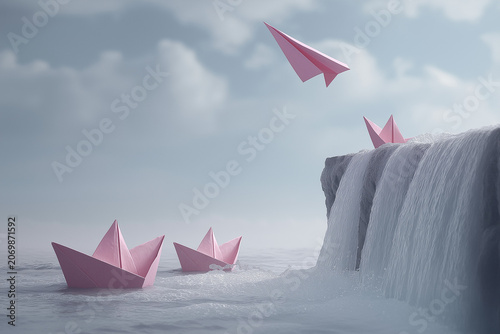 three paper boats, transitioning into paper airplanes, are depicted above and on a vibrant blue body of water with a cascading waterfal
