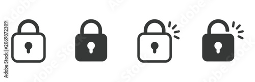Lock and unlock icon set, padlock open and closed security symbols, outline and filled style icons, access control and authentication, password privacy UI design elements vector