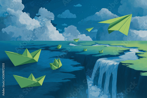 three paper boats, transitioning into paper airplanes, are depicted above and on a vibrant blue body of water with a cascading waterfal