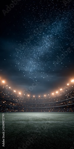 Wide angle view of empty professional stadium grass pitch under bright floodlights and starry night sky