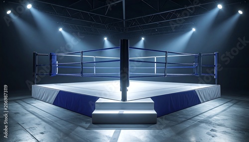 A stark, empty combat arena, bathed in bright spotlights. It features a raised platform with blue and white accents, surrounded by ropes