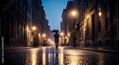 person walking on wet street.