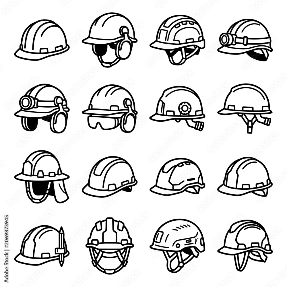 Fototapeta premium Black and white hard hat and safety helmet construction icon, perfect for industrial protection and worker headgear on a white background.
