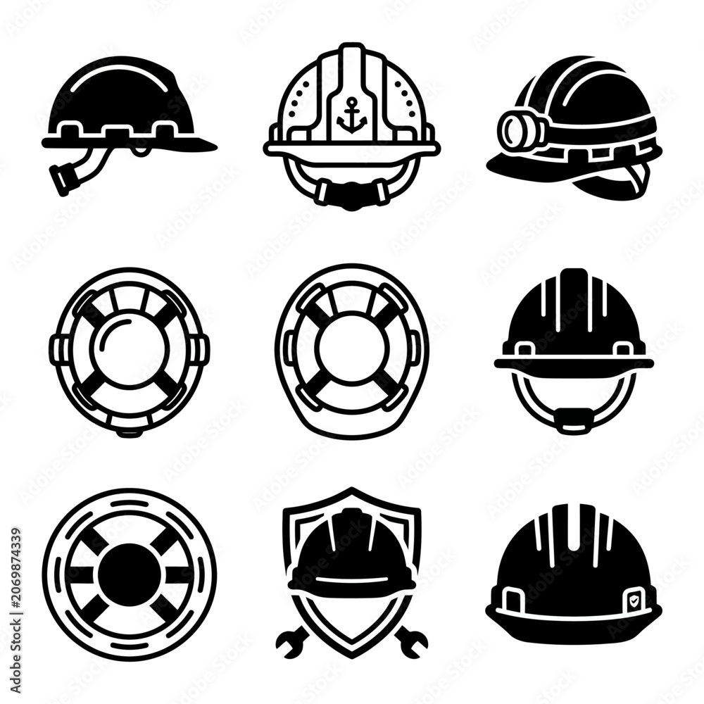 Fototapeta premium Minimalist Black Silhouette of an Industrial Construction Worker Wearing a Safety Hard Hat and Protective Helmet Icon