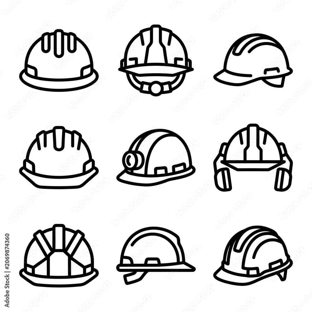 Fototapeta premium Black Hard Hat Safety Icon for Construction Site Workers Representing Industrial Protection Helmet and Occupational Health Standards