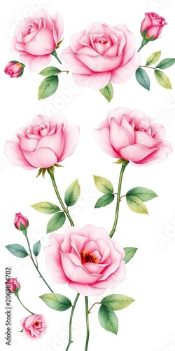 Delicate pink rose flower set watercolor hand drawn illustration isolated on white background, subtle, nature-inspired