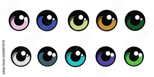 Kawaii anime eyes collection, 10 colorful cartoon eye icons for character design, cute manga style pupils in various colors, vector asset set
