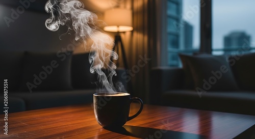 Steaming Coffee Cup Indoors.