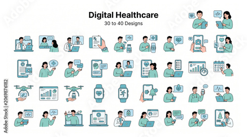 Schilderij op canvas Digital healthcare vector icon collection featuring telemedicine medical apps an