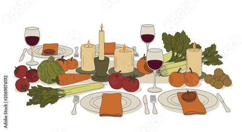 Cuadro en lienzo Thanksgiving Dinner Table Setting with Delicious Food and Wine.