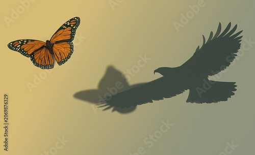 a digital illustration features a monarch butterfly in flight, its wings colored orange with green veins and edges