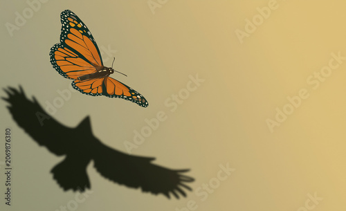 a digital illustration features a monarch butterfly in flight, its wings colored orange with green veins and edges