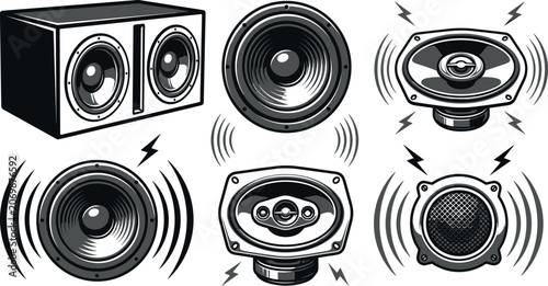 Cuadro en lienzo PrintAudio Speaker Icon Set with Loud Bass Subwoofers Sound System Elements Soun