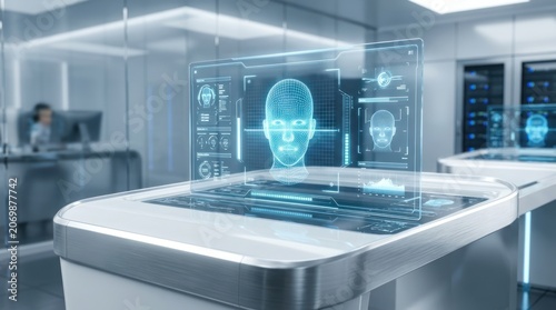 Futuristic face recognition technology on display in a modern laboratory